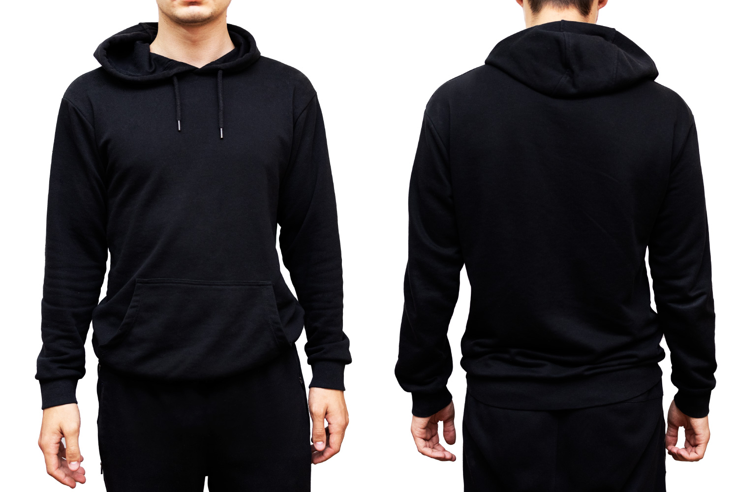 tampilan depan dan belakang seorang pria ketika mengenakan hoodie hitam