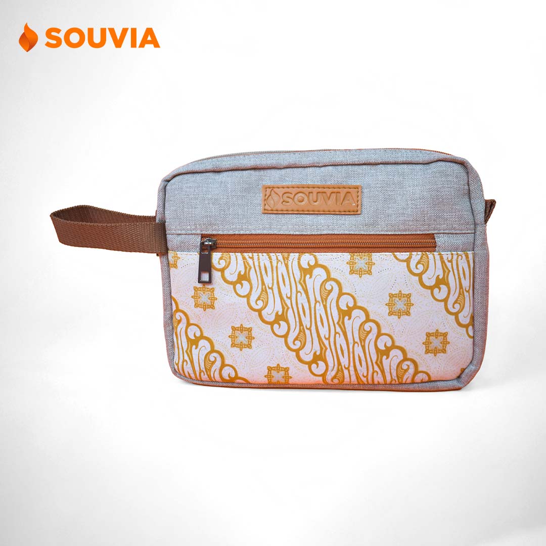 Tampak depan pouch custom motif Nara warna grey light.