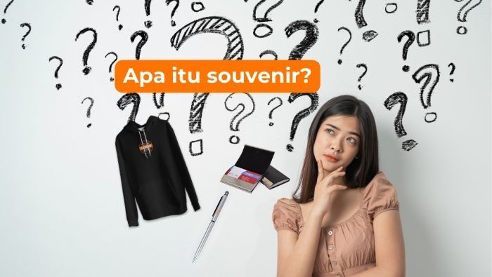 banner dengan ilustrasi wanita sedang bertanya mengenai apa itu souvenir